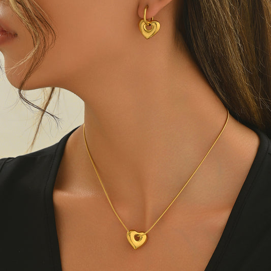 18K Gold Heart Necklace & Hoop Earrings Set – Waterproof Gift for Her