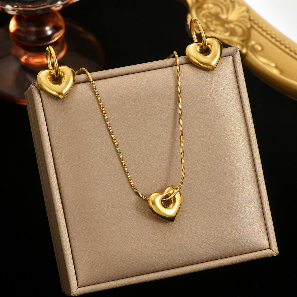18K Gold Heart Necklace & Hoop Earrings Set – Waterproof Gift for Her