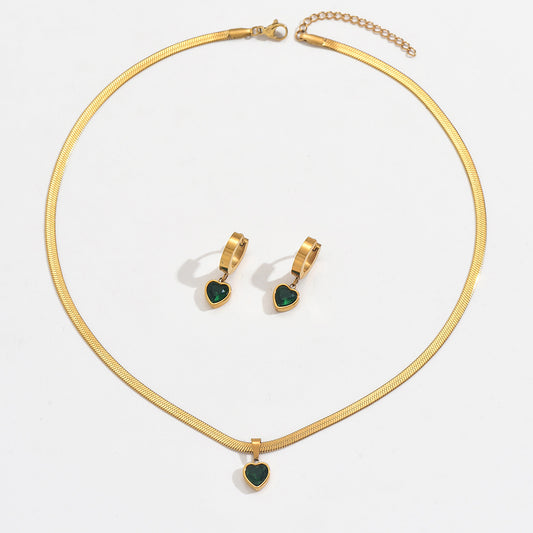 18K Gold Green Heart Jewelry Set – Waterproof & Hypoallergenic Gift for Her