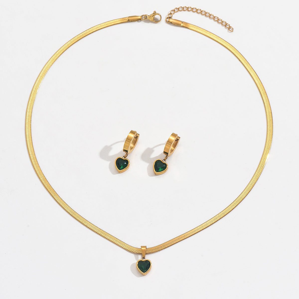 18K Gold Green Heart Jewelry Set – Waterproof & Hypoallergenic Gift for Her