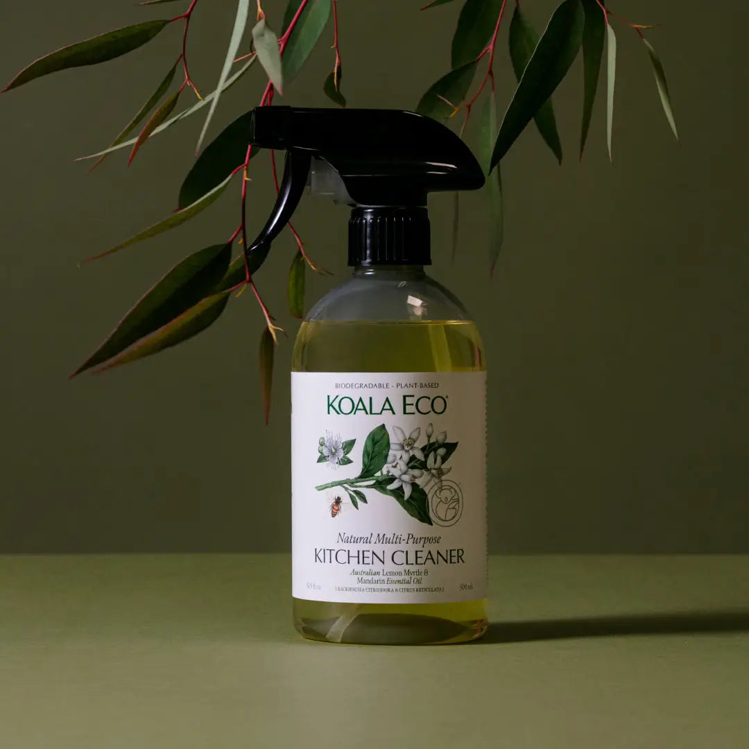 Koala Eco kitchen cleaner spray with botanical background