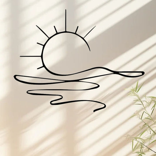 minimalist sunrise metal wall art hanging on neutral wall