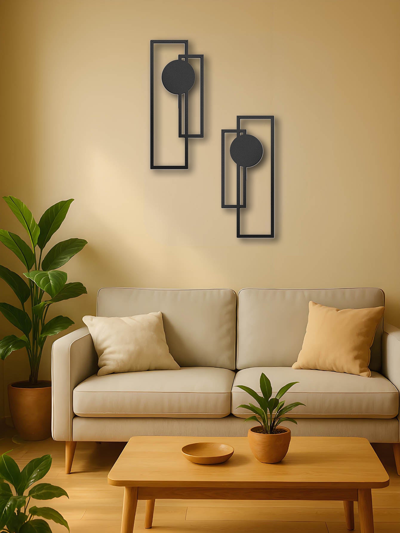 abstract black metal frame art on warm neutral wall