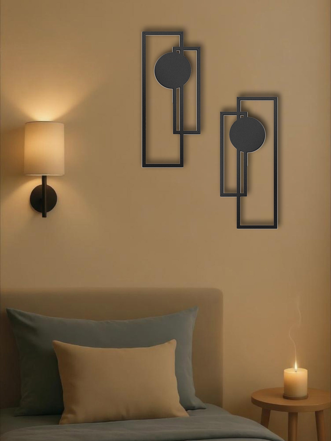 modern minimalist wall art set displayed above nightstand lamp