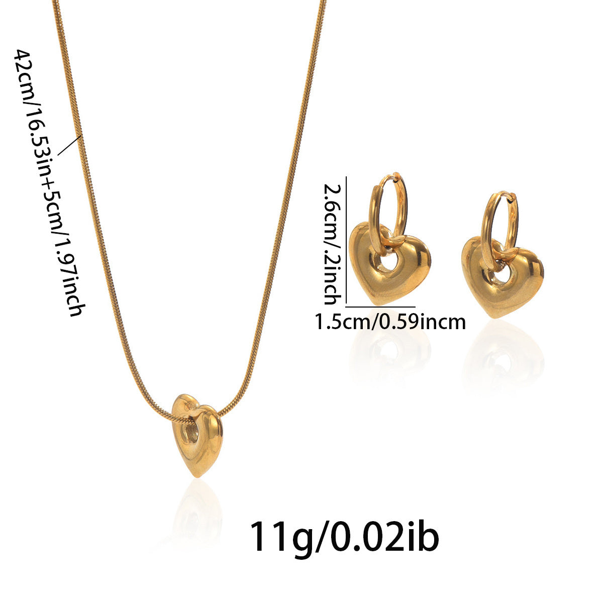 18K Gold Heart Necklace & Hoop Earrings Set – Waterproof Gift for Her