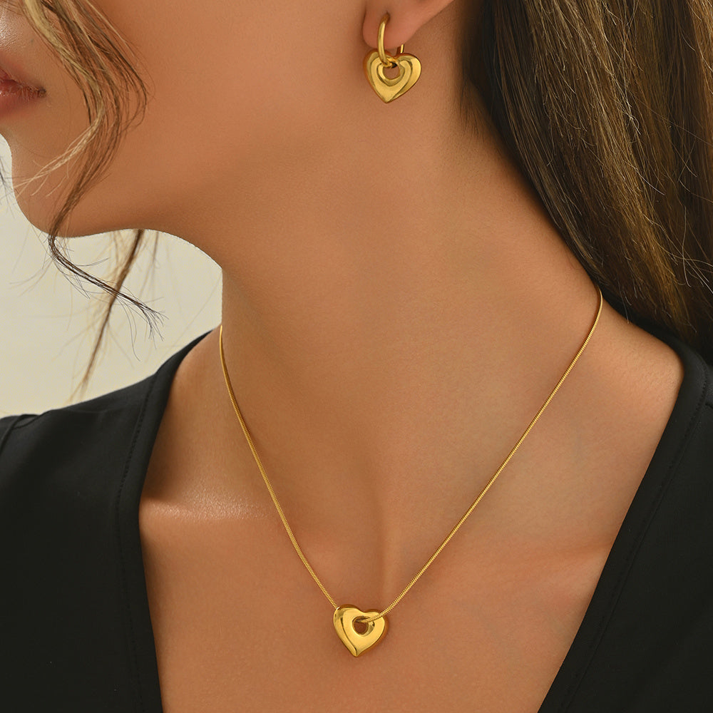 18K Gold Heart Necklace & Hoop Earrings Set – Waterproof Gift for Her