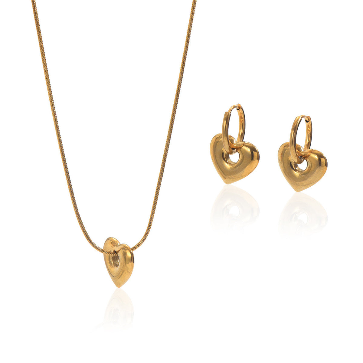 18K Gold Heart Necklace & Hoop Earrings Set – Waterproof Gift for Her