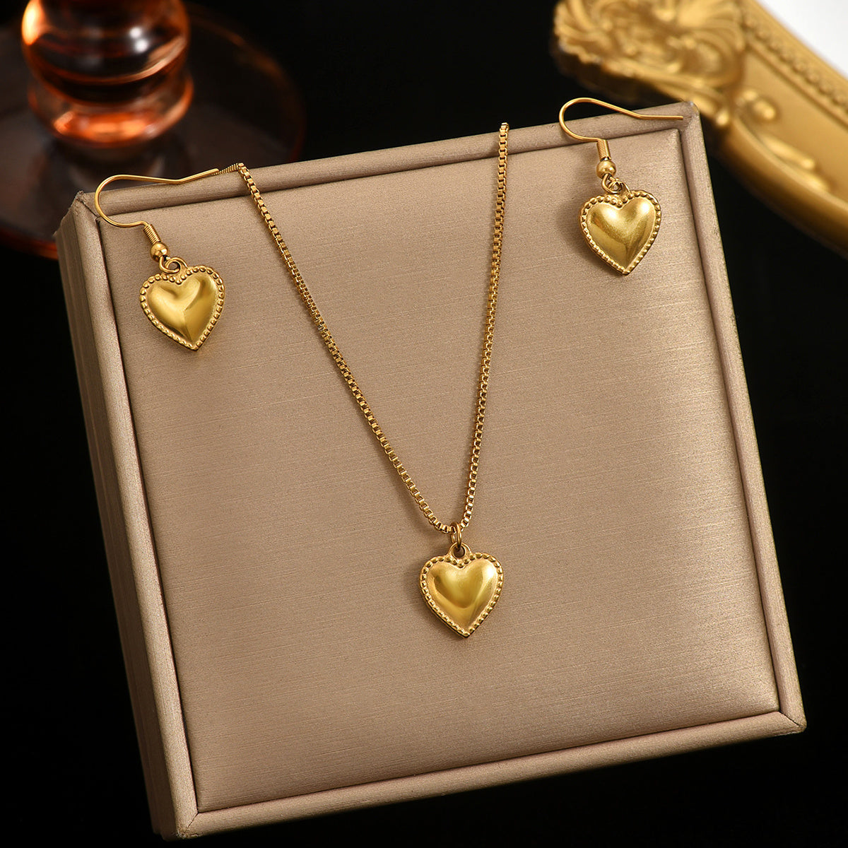 18K Gold Puffy Heart Jewelry Set – Waterproof & Hypoallergenic Gift for Her