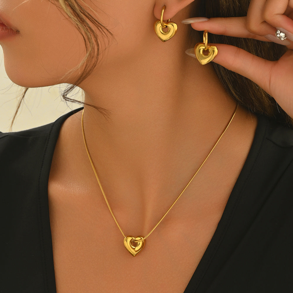 18K Gold Heart Necklace & Hoop Earrings Set – Waterproof Gift for Her